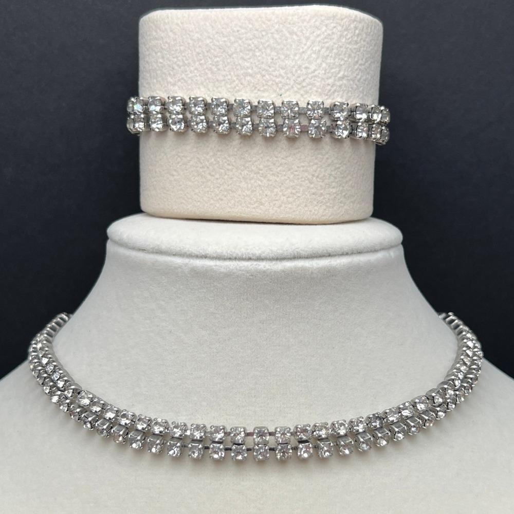 Vintage Rhinestone Necklace Bracelet Set Clear Double Row Choker Art Deco